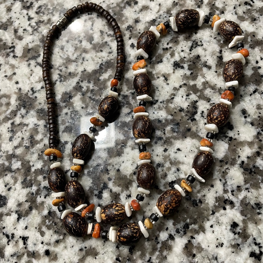 Wood Shells Barrel Claps Tribal Boho Statement Necklace